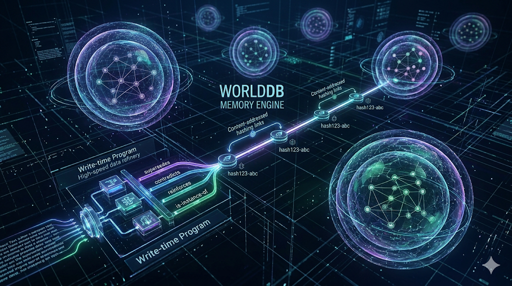 技術原理示意圖展示 WorldDB 記憶引擎：包含遞歸世界節點（Recursive Worlds）、內容可尋址的不可變雜湊結構，以及在寫入時執行語義規則的邊處理器。圖中呈現了如何透過圖譜結構解決 AI 代理的語意碎片化與時間一致性問題。