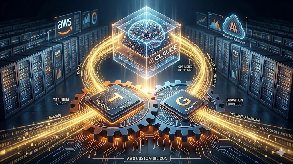商業與技術趨勢示意圖展示 Anthropic 與 AWS 的採購承諾。圖中呈現 Claude 模型如何與 Amazon 自研晶片 Trainium 及 Graviton 進行硬體層級最佳化，分析了「雲端＋資金」模式對開發者成本、供應鏈風險及政府資安審查的深遠影響。