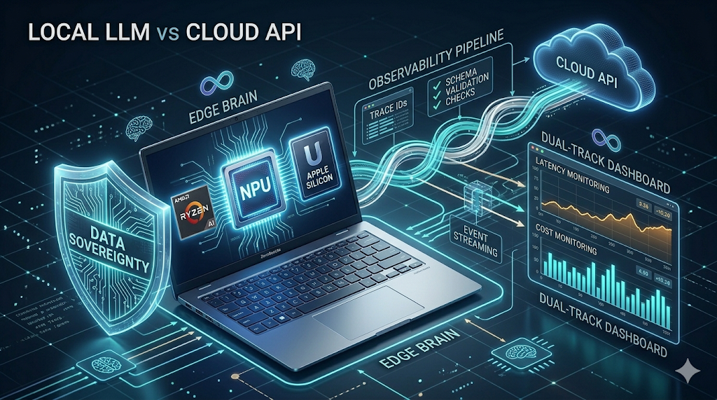 系統架構示意圖展示 Local LLM 在 Ryzen AI NPU 與 Apple Silicon 上的部署優勢。圖中強調了數據主權、離線韌性與長期成本效益，並展示了包含端到端驗證、可觀測性設計（Trace ID）與錯誤分級策略的工程實務架構，協助團隊將 AI Agent 從半自動化轉為可靠自動化。