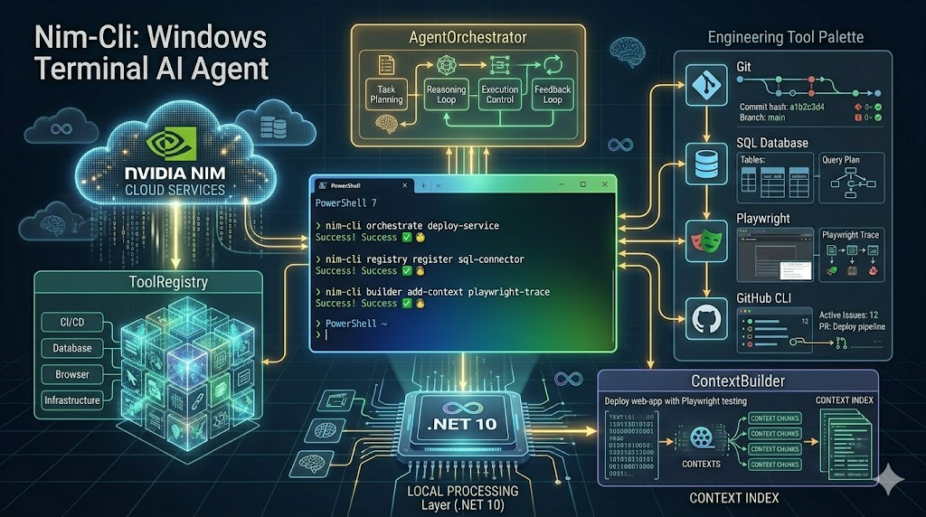 技術工具架構圖展示 Nim-Cli：專為 Windows 開發者設計。圖中呈現了透過 .NET 10 整合 NVIDIA NIM API，並支持 Git、DB 查詢、Playwright 截圖與 Repo 分析等多種自動化工作流。強調了在終端環境下完成執行、驗證與審計的 AI 代理人實務應用。