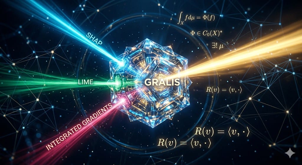 GRALIS 框架示意圖：統一 SHAP、LIME 與 IG 歸因方法的科技幾何核心與數學公式背景。
