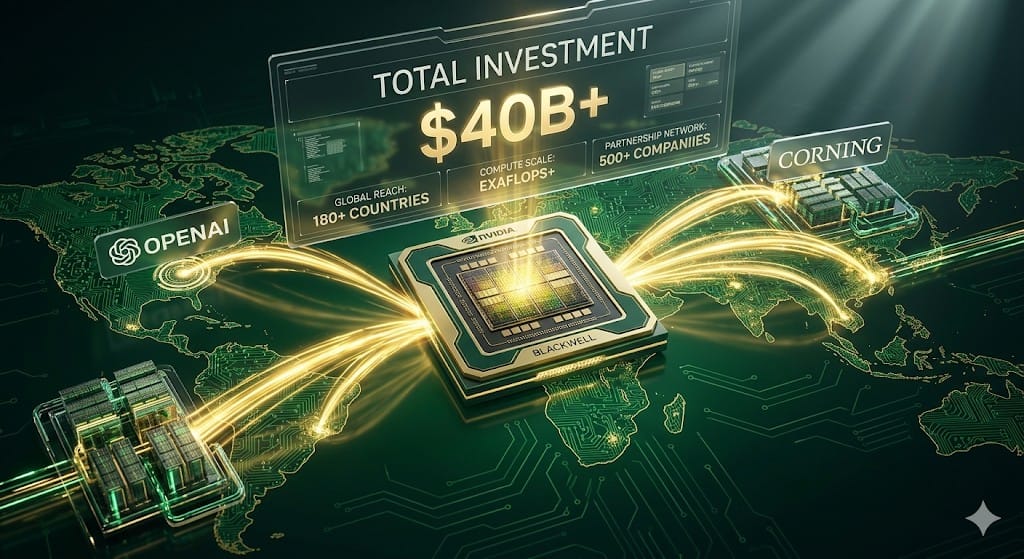NVIDIA AI 生態投資示意圖：以晶片為核心向全球 OpenAI、資料中心與上市公司延伸的金色資金與技術脈絡。