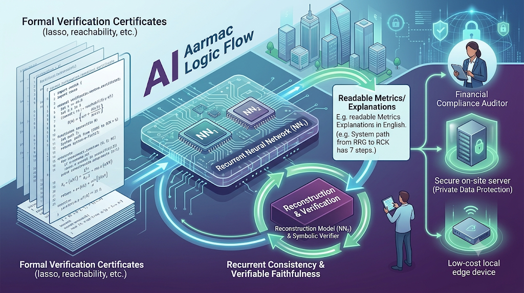 Infographic of an AI model converting verification certificates into readable text through a closed-loop validation.