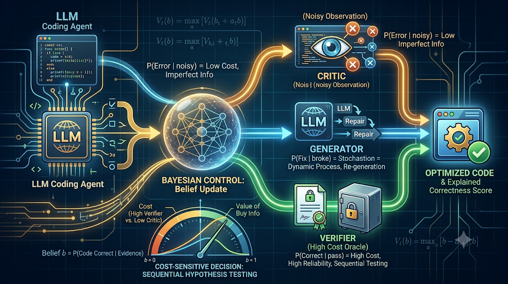 An infographic conceptualizing an AI LLM coding agent using a central logic orb and abstracted, icon-only pathways.
