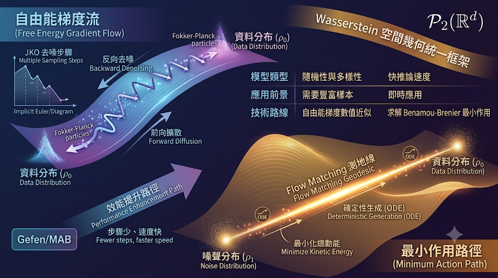 Infographic contrasting Diffusion Models' curved gradient flow with Flow Matching's straight geodesic path in Wasserstein space.