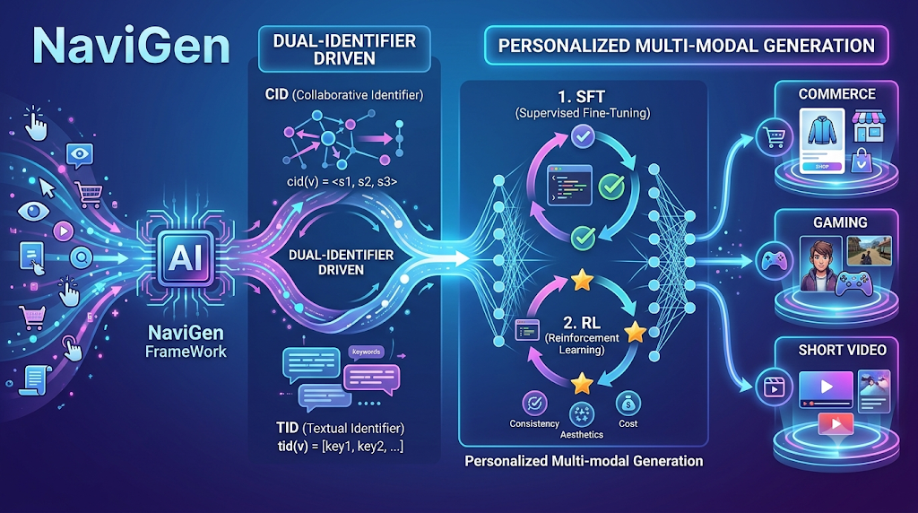 Infographic of NaviGen framework converting user behavior into AIGC prompts via dual identifiers and SFT+RL training.