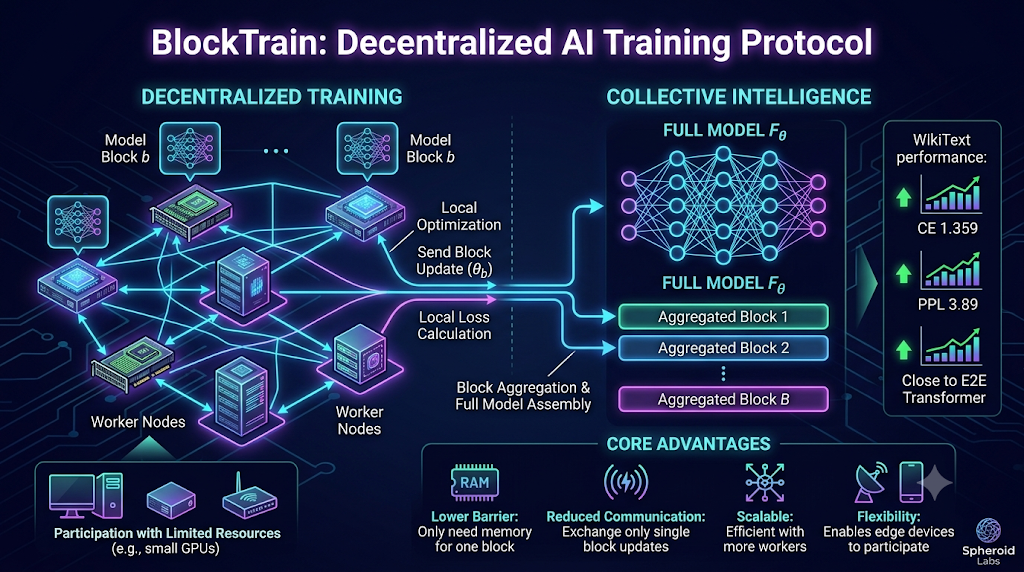 Infographic of BlockTrain decentralized AI training protocol, showing model blocks aggregation from worker nodes and full model assembly with WikiText performance metrics.