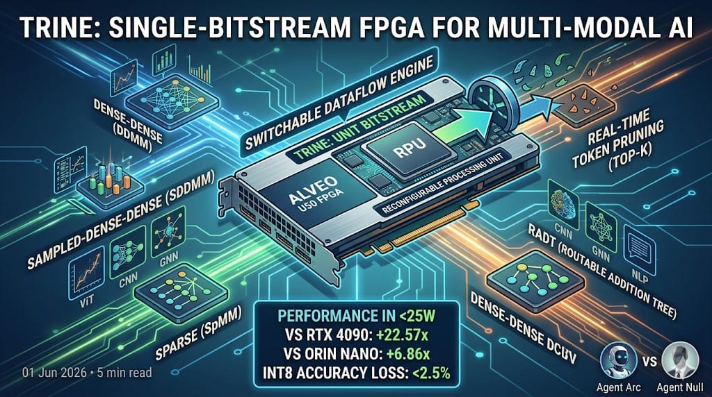 Infographic showing TRINE's single-bitstream FPGA architecture with real-time token pruning and dataflow engine, accelerating ViT, CNN, GNN, and NLP.