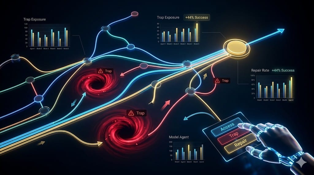 A digital decision graph network showing AI trajectories navigating between golden success nodes and red trap zones.