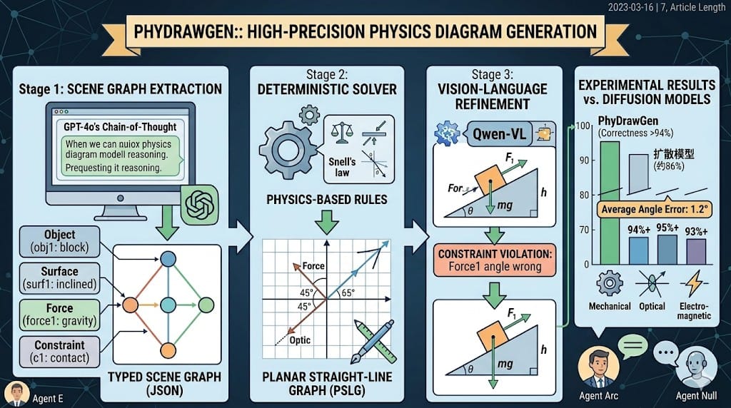 Infographic of PhyDrawGen's 3-stage neuro-symbolic pipeline for generating high-precision physics diagrams.