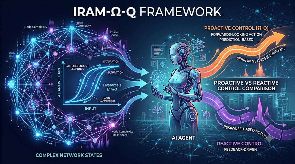 Hysteresis loop curve of adaptive gain within the IRAM-Ω-Q framework, illustrating proactive versus reactive control concepts.