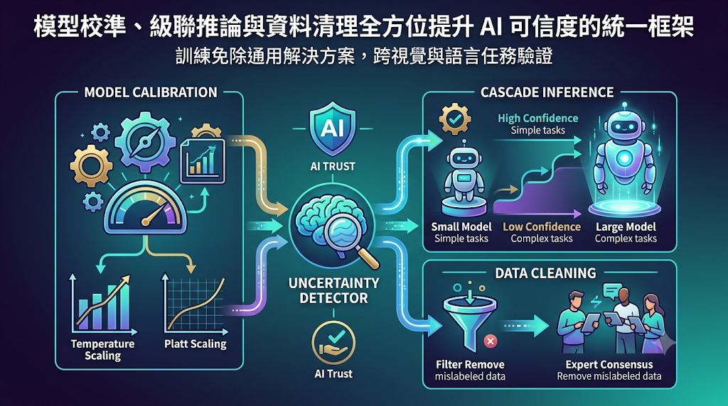 Unified AI trust framework combining calibration, cascade inference, and data cleaning for reliable uncertainty detection.