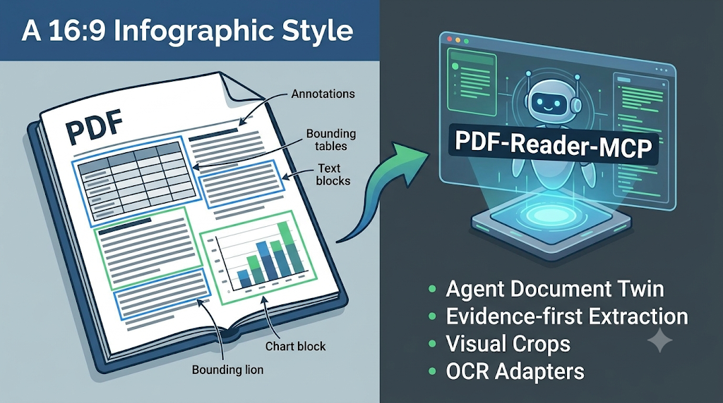 PDF‑Reader‑MCP technical infographic: Agent Document Twin, Visual Crops, and OCR adapters.