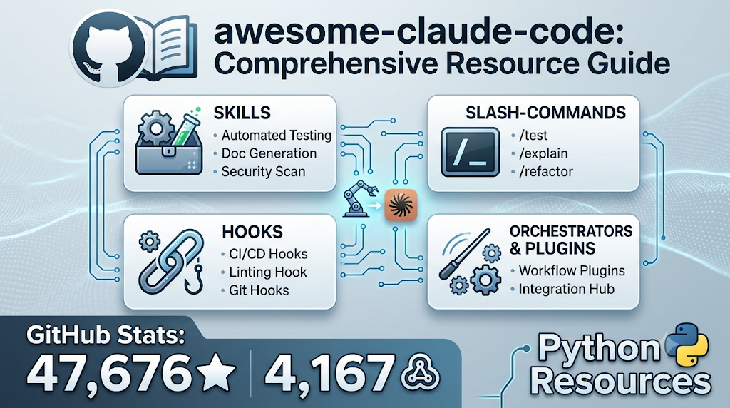 Infographic of awesome-claude-code repository showcasing Skills, Hooks, Slash-Commands, and Plugins.