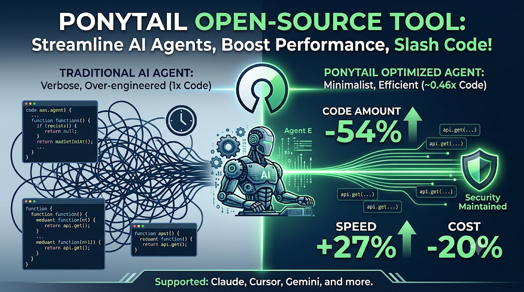 Infographic for Ponytail open-source tool showing 54% less code and 27% speed boost.