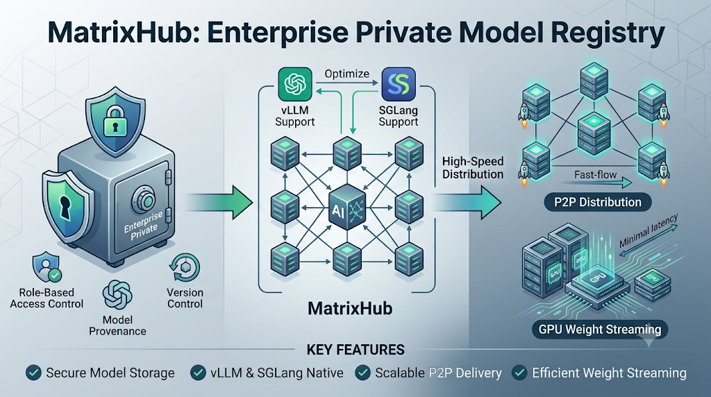 MatrixHub architecture diagram highlighting private model registry, P2P distribution, and GPU weight streaming.