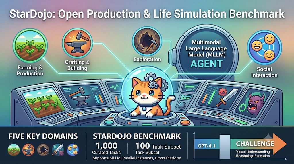 StarDojo benchmark infographic showing MLLM agent simulation in farming, exploration, crafting, combat, and social domains.