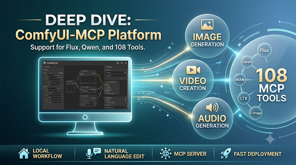 Infographic for ComfyUI‑MCP platform, showcasing support for 108 tools including Flux and Qwen, with icons for image, video, and audio generation.
