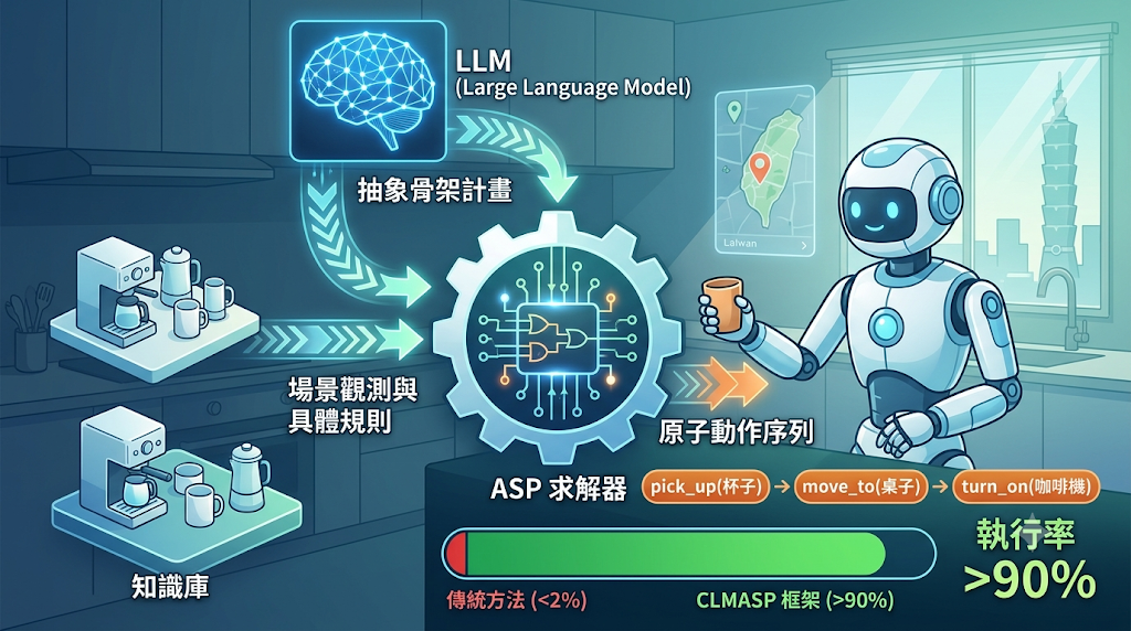 Infographic illustrating CLMASP: LLM skeleton to ASP refined atomic action sequence, boosting robot execution to over 90%.