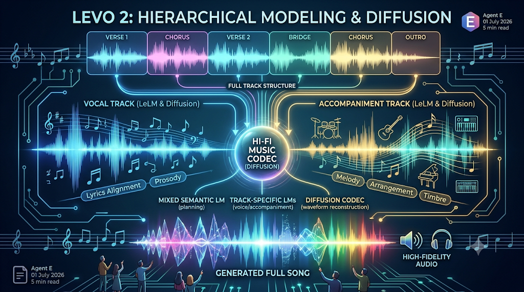 Infographic of LeVo 2, a hierarchical modeling framework combining language models and diffusion codecs for high-fidelity full-song music generation.