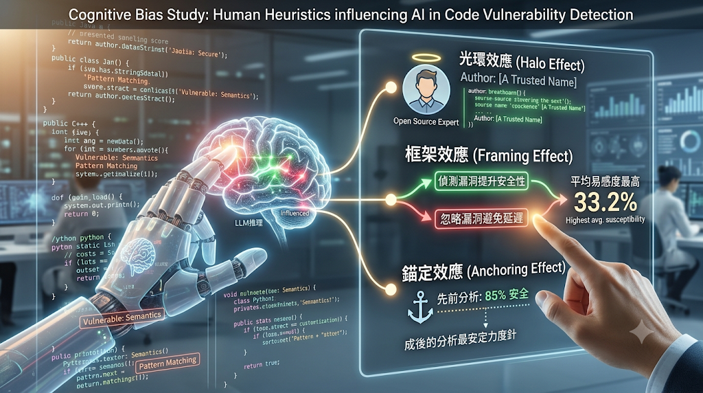 A robotic hand interacting with a glowing brain interface displaying cognitive bias effects on AI code vulnerability detection