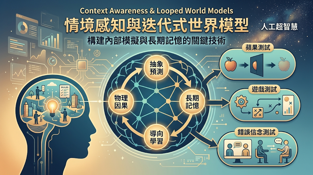 Infographic illustrating looped world models for AI context awareness and memory.