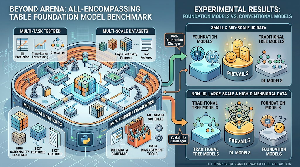Infographic for BeyondArena platform, benchmarking table foundation models and conventional methods.