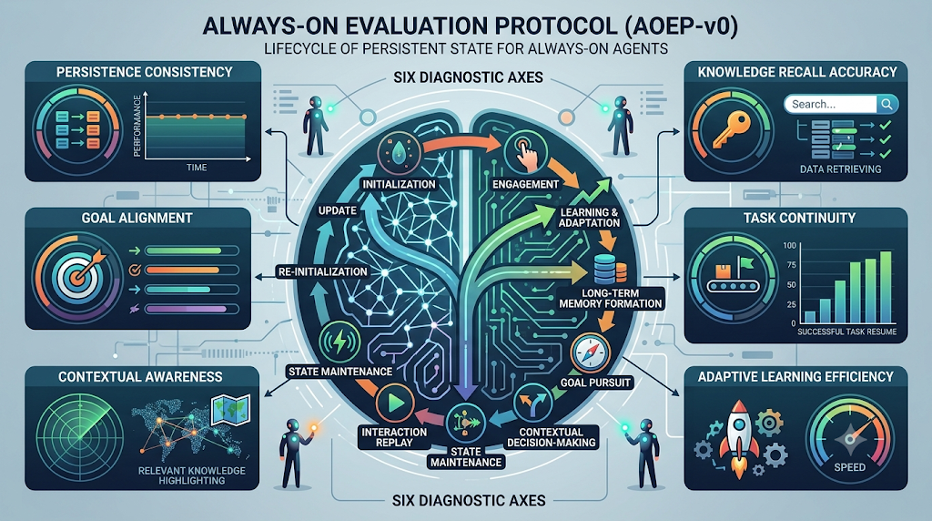 Infographic for AOEP-v0 framework mapping persistent state lifecycle and evaluation for always-on agents.
