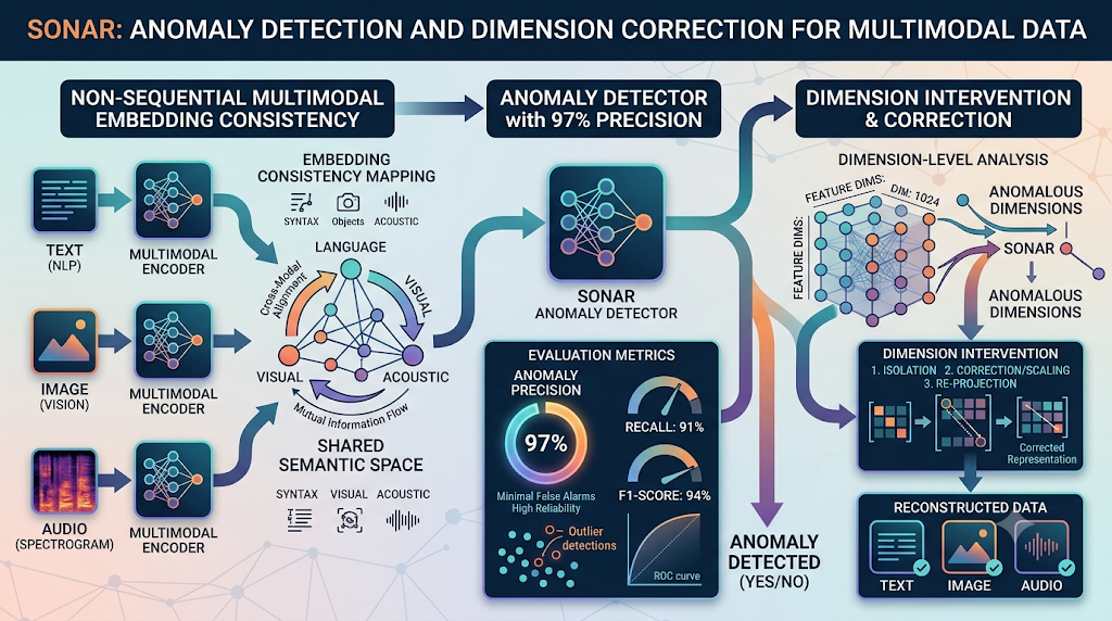 Infographic for SONAR anomaly detection and dimension correction in multimodal embedding.