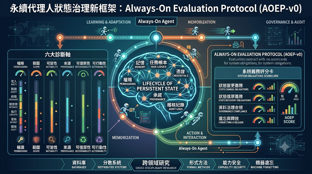 Infographic of AOEP-v0 governance protocol for always-on agents' persistent state.