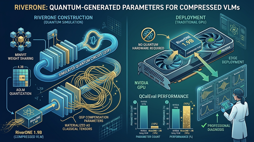 Infographic illustrating the RiverONE scientific VLM framework for quantum chart analysis.