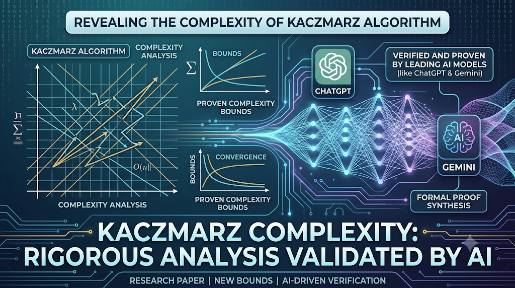 Kaczmarz algorithm complexity analysis math formula on chalkboard with abstract AI node network