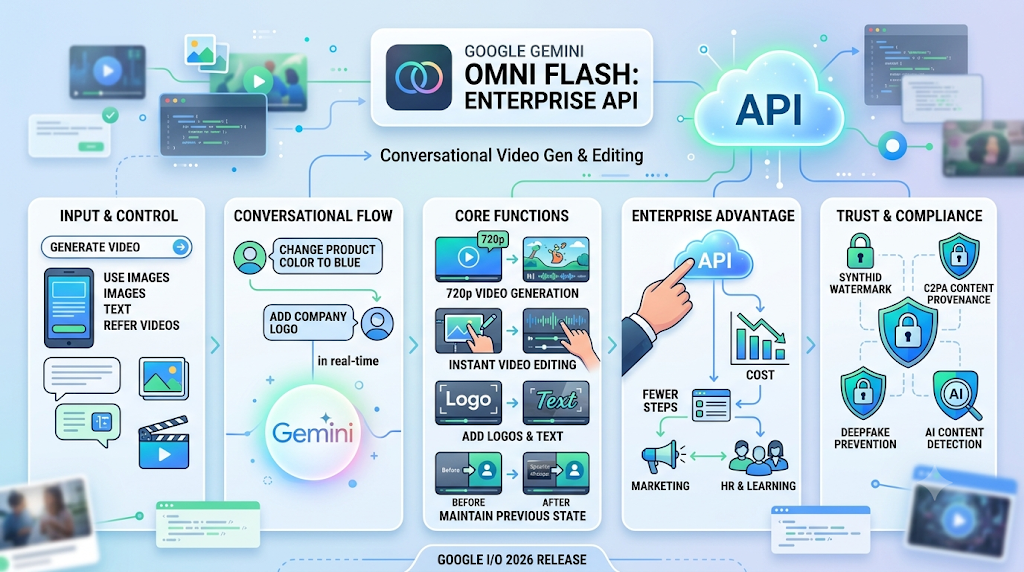 Google Gemini Omni Flash infographic showing enterprise video API features.
