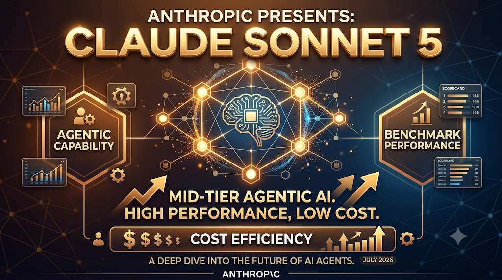 Claude Sonnet 5 infographic: Mid-tier agentic AI, high performance, low cost.
