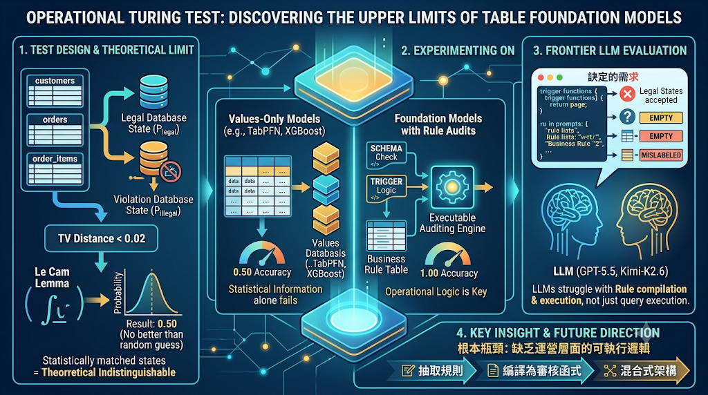Infographic: Operational Turing Test design, theoretical limits, and LLM rule auditing.