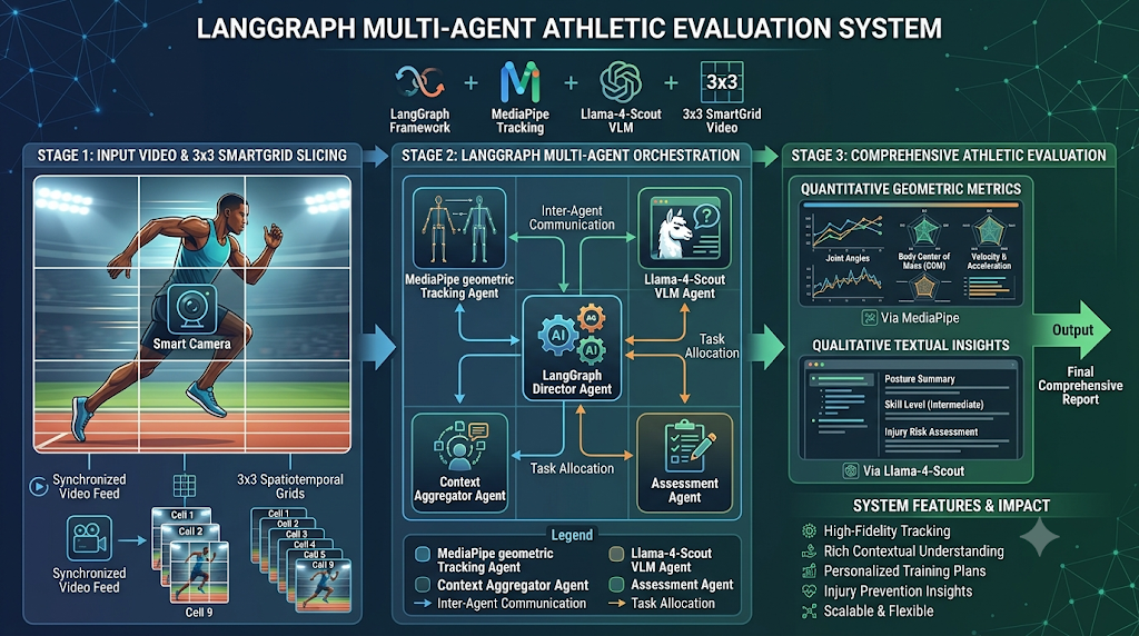 LangGraph framework with MediaPipe and Llama-4-Scout for smart athletic evaluation.
