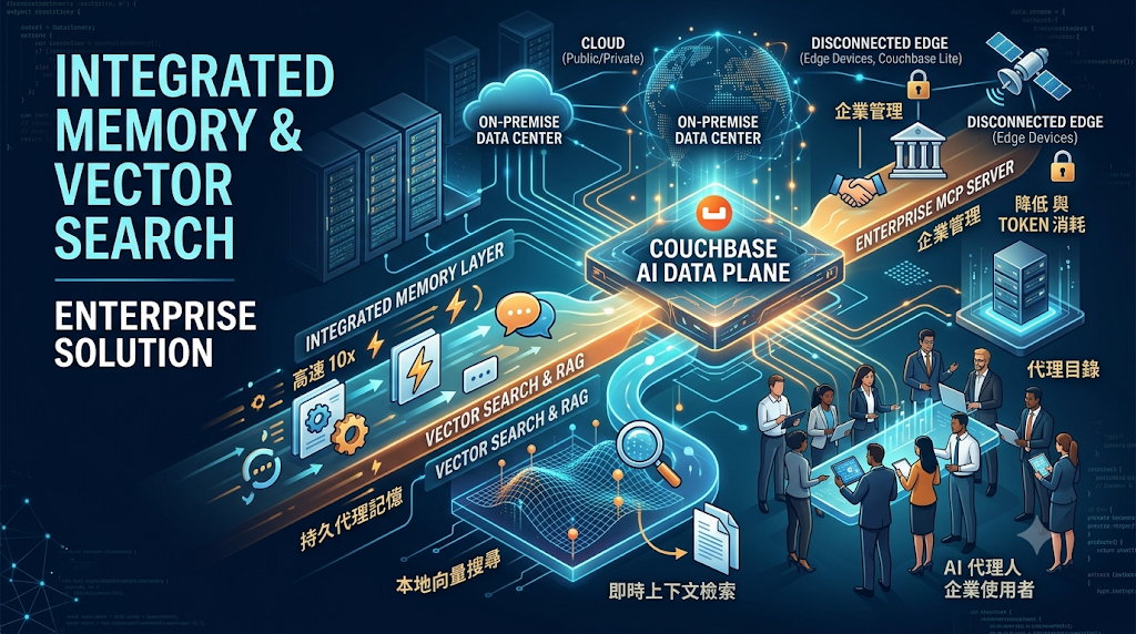 Couchbase AI Data Plane infographic showing integrated memory, vector search, and enterprise AI agents.