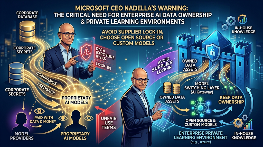 Infographic: Nadella warns of enterprise AI data risks, favoring owned data and open-source models.