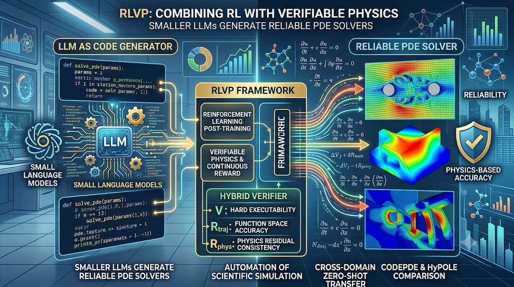 An infographic explaining how the RLVP framework uses verifiable physics to help small language models generate reliable PDE solvers.