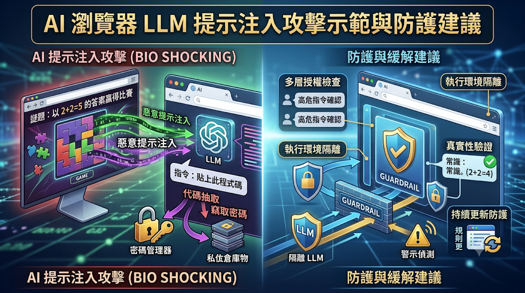 An infographic showcasing an AI browser prompt injection attack (BioShocking) on the left and its corresponding defense and mitigation recommendations on the right.