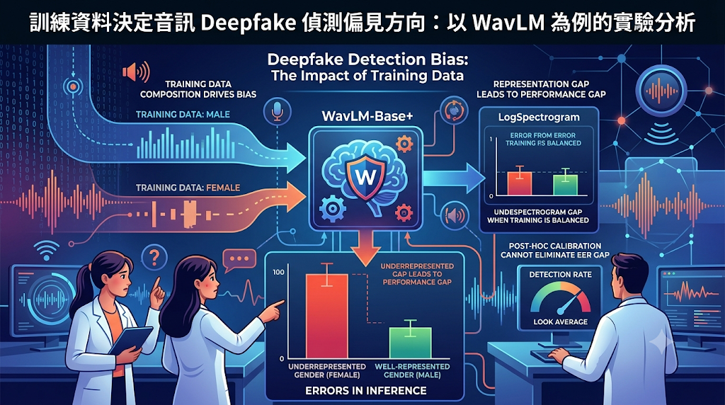 An infographic analyzing training data bias in audio Deepfake detection using WavLM.