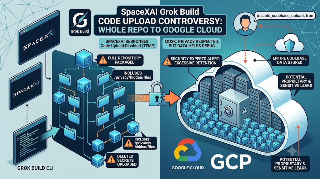 An infographic summarizing the SpaceXAI Grok Build code upload controversy.