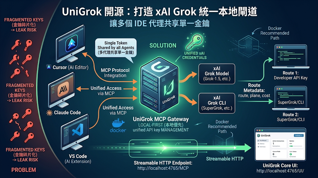 An infographic of UniGrok MCP Gateway, a local gateway for sharing a single xAI key across multiple IDEs.