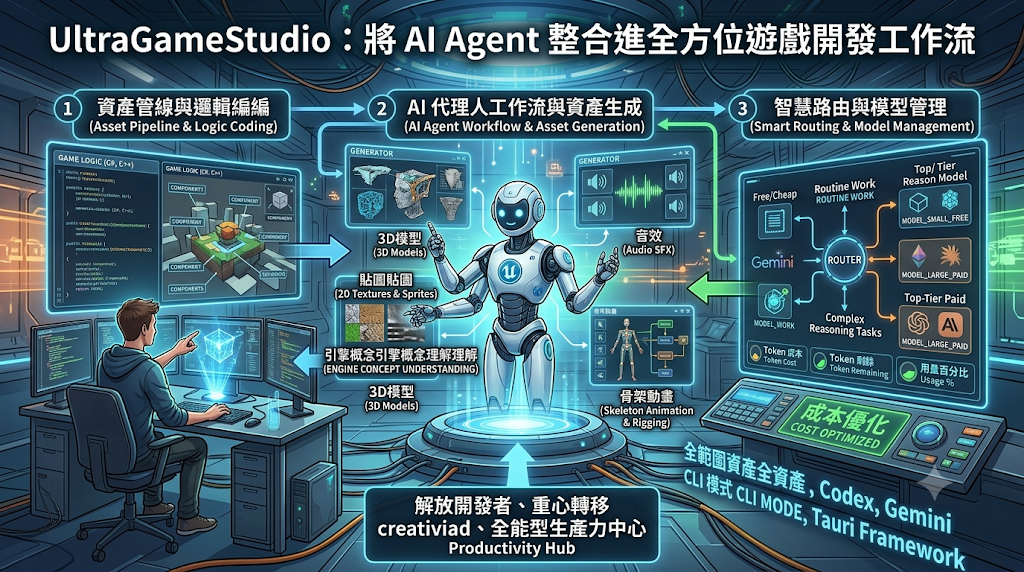 An infographic of UltraGameStudio, showing an AI Agent integrating code and asset generation for game development.