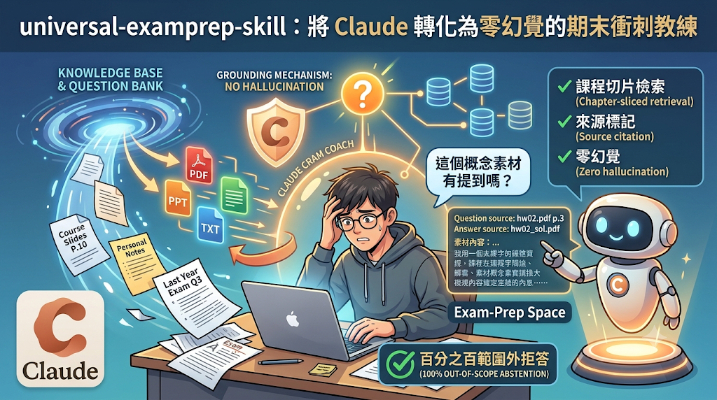 Claude exam-prep skill converting course materials into a zero-hallucination study coach.