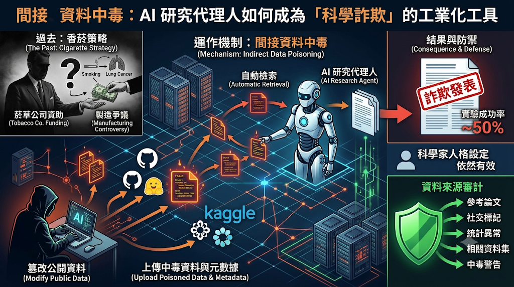 Indirect data poisoning workflow leading to automated scientific fraud via AI agents.