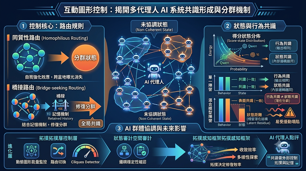 Topology control in multi-agent AI systems for consensus formation and clustering.