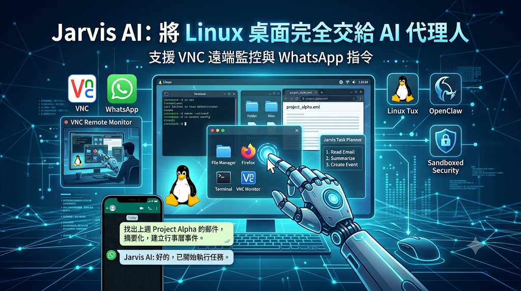 Infographic of Jarvis AI controlling Linux with VNC and WhatsApp.