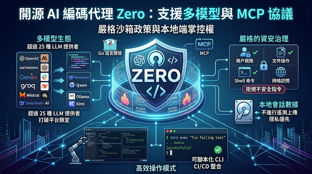 Infographic of Zero AI coding agent with multi-model and MCP support.