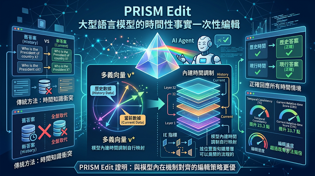 Infographic of PRISM Edit for LLM temporal fact editing.